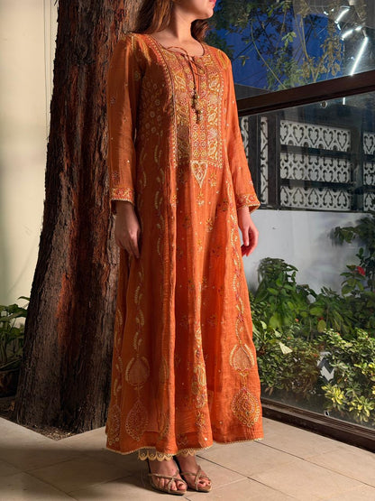 Rust Orange Shade Tissue Silk Chikankari Anarkali With Ari Work