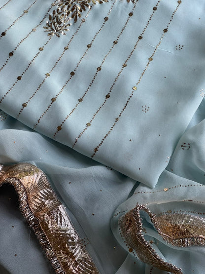Powder Blue Mukaish Badla Pure Georgette Kurta Set