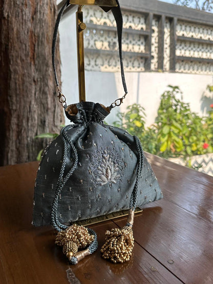 Grey Raw Silk Zardosi Polti Bags