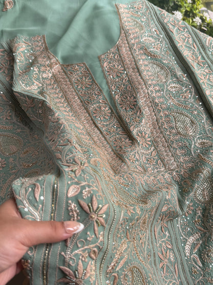 Green Superfine Pure Georgette Chikankari Kurta Set