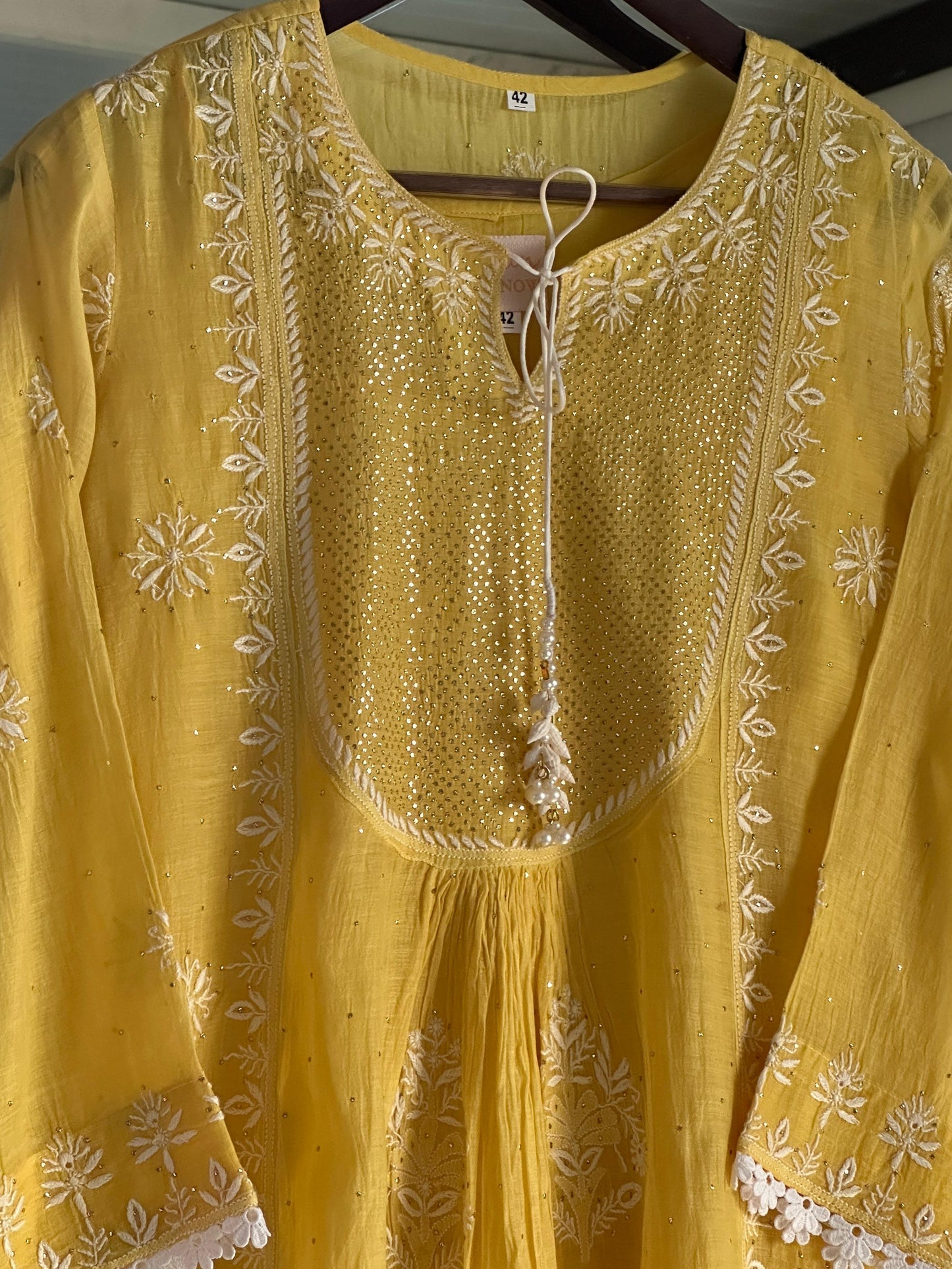 Yellow Mal Mukaish Kamdani Chikankari Kurta Dupatta Set