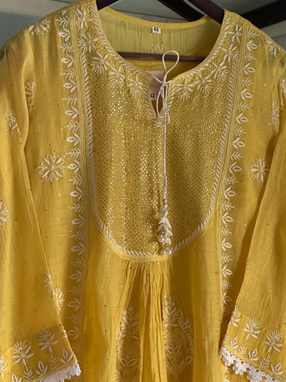 Yellow Mal Mukaish Kamdani Chikankari Kurta Dupatta Set