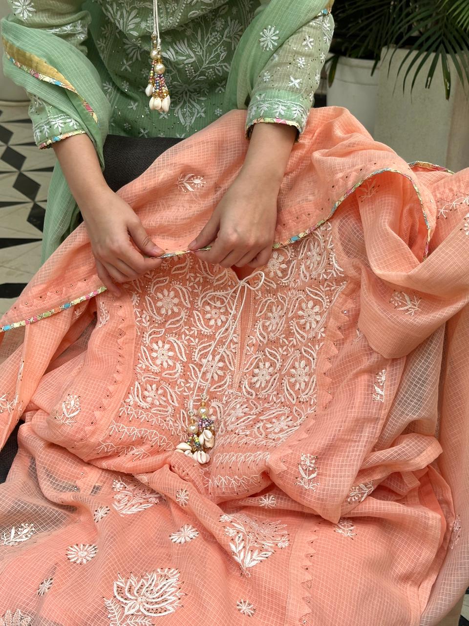 Peach Shade Kota Applique Chikankari Kurta Dupatta Set