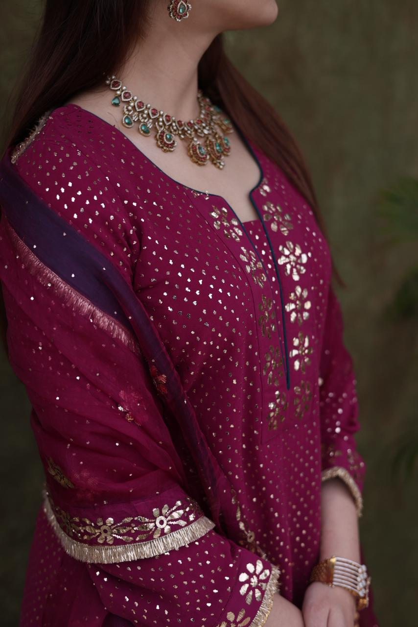 Mukaish Kamdani Plum shade Pure Georgette Kurta Gharara Set with Organza Dupatta