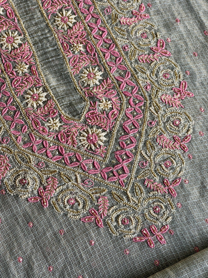 Smokey Grey Shade Tissue Kota Chikankari Unstitched Fabric