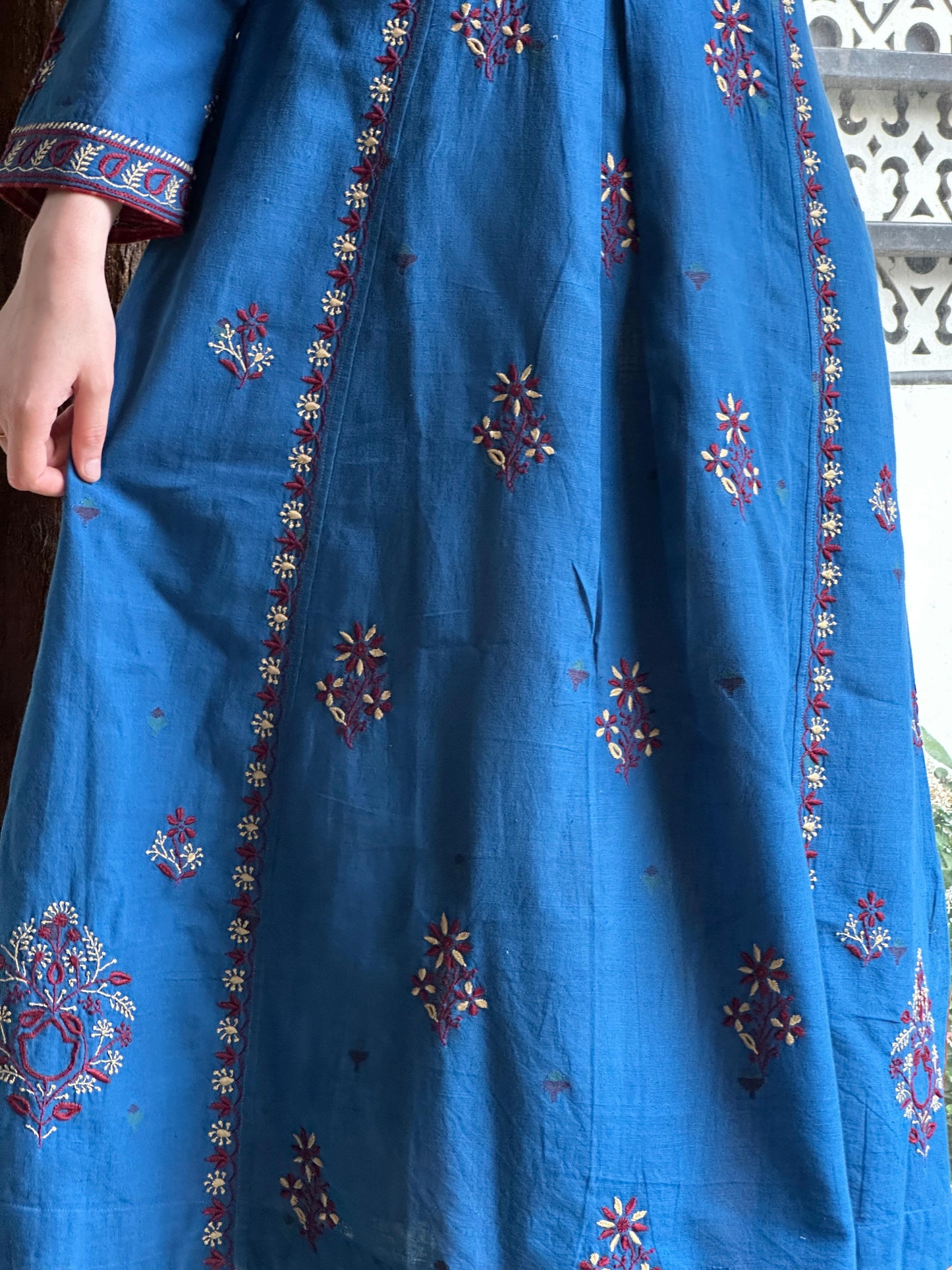 Blue & Maroon Handspun Malkha Chikankari Panel Tunic