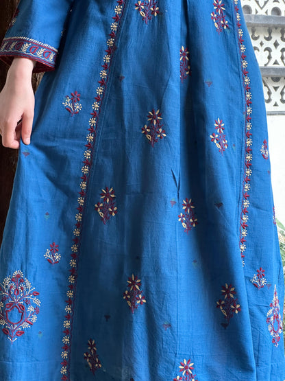 Blue & Maroon Handspun Malkha Chikankari Panel Tunic