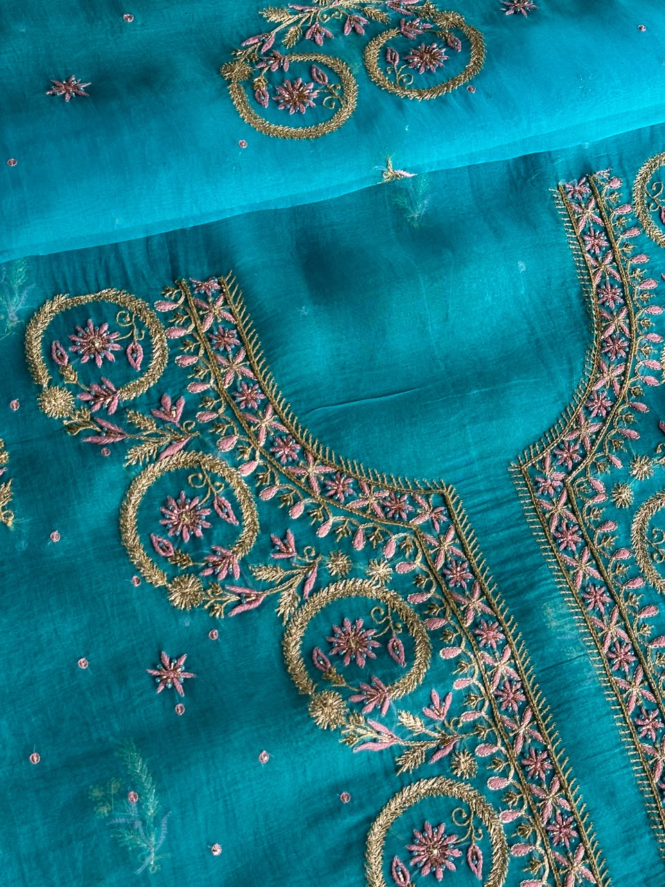 Peacock Blue Organza Banarasi Silk Chikankari Unstitched Kurta Dupatta Set