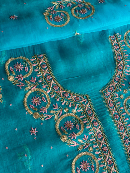 Peacock Blue Organza Banarasi Silk Chikankari Unstitched Kurta Dupatta Set