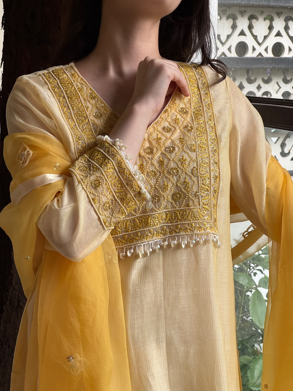 Butter Yellow Maheshwari Chikankari Kalidar Kurta Set