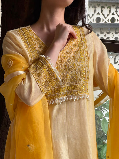Butter Yellow Maheshwari Chikankari Kalidar Kurta Set
