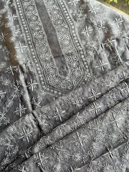 Grey Moonga Silk Chikankari Men’s Kurta Fabrics