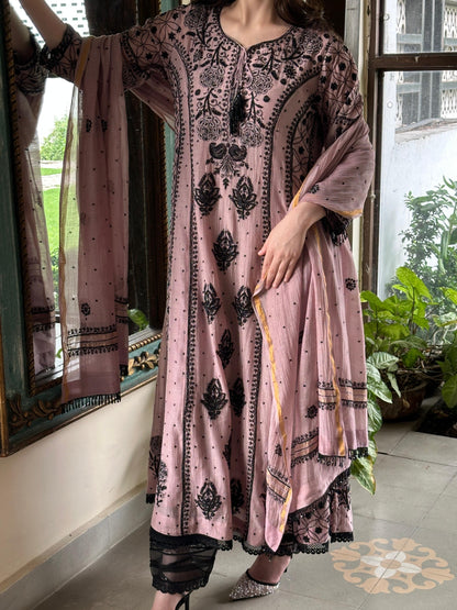 Plum Black Shade Malmal Pearl Work Chikankari Anarkali