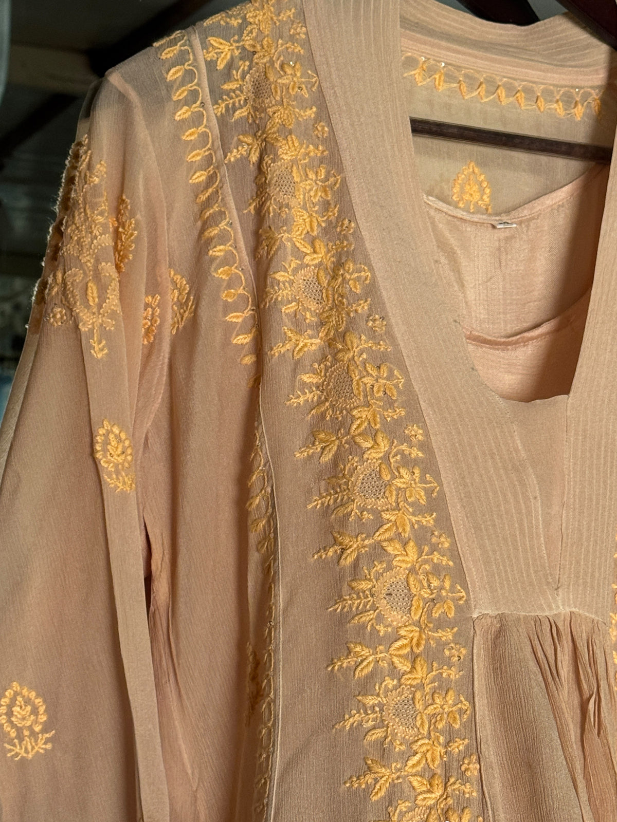 Peach Chiffon Chikankari Kurta with Lace Detailing