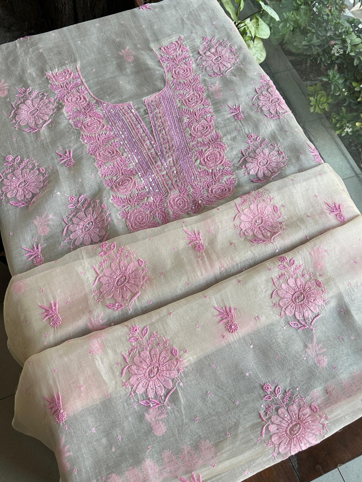 Ivory Shade Noor Organza Silk Chikankari Unstitched Kurta Dupatta Set