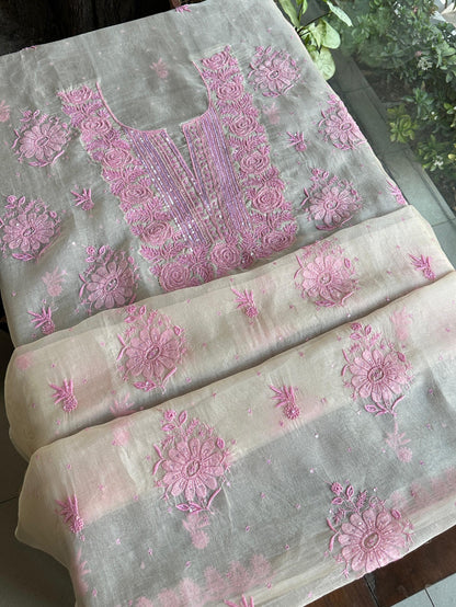 Ivory Shade Noor Organza Silk Chikankari Unstitched Kurta Dupatta Set