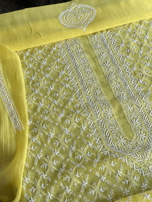 Pastel Yellow All Over Chikankari Malmal Unstitched Men's Kurtas Fabric