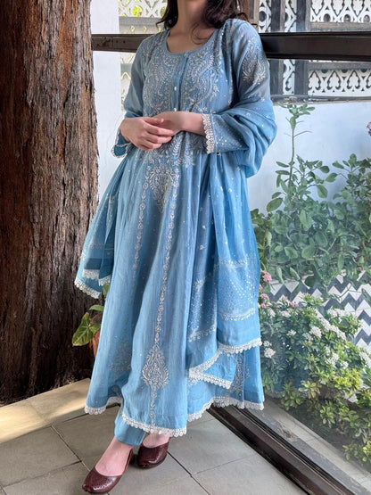 Powder Blue Shade Malmal Pearl Work Chikankari Anarkali