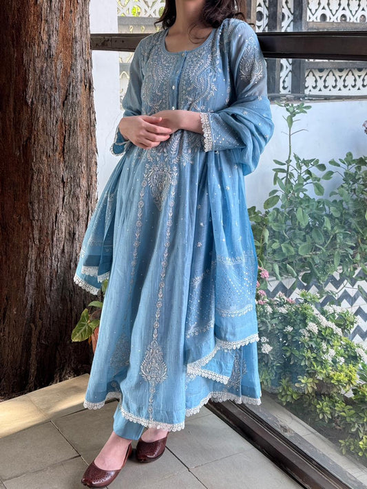 Powder Blue Shade Malmal Pearl Work Chikankari Anarkali