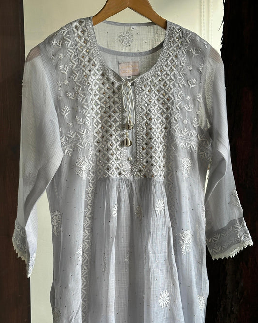 Grey Blue Kota Chikankari with Mukaish Kamdani Tunics