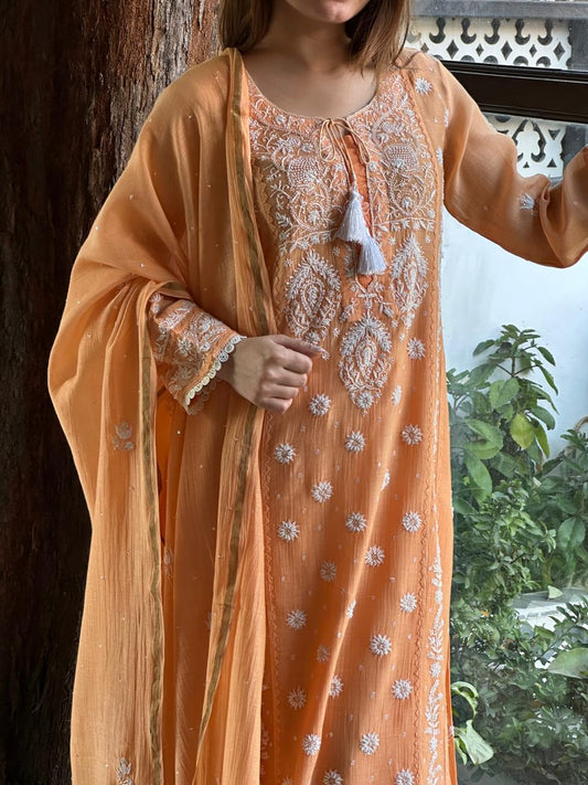 Orange Shade Malmal Pearl Work Chikankari Kurta With Dupatta