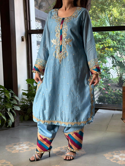 Pastel Blue Chanderi Silk Bird Motif Khadi Salwar Set