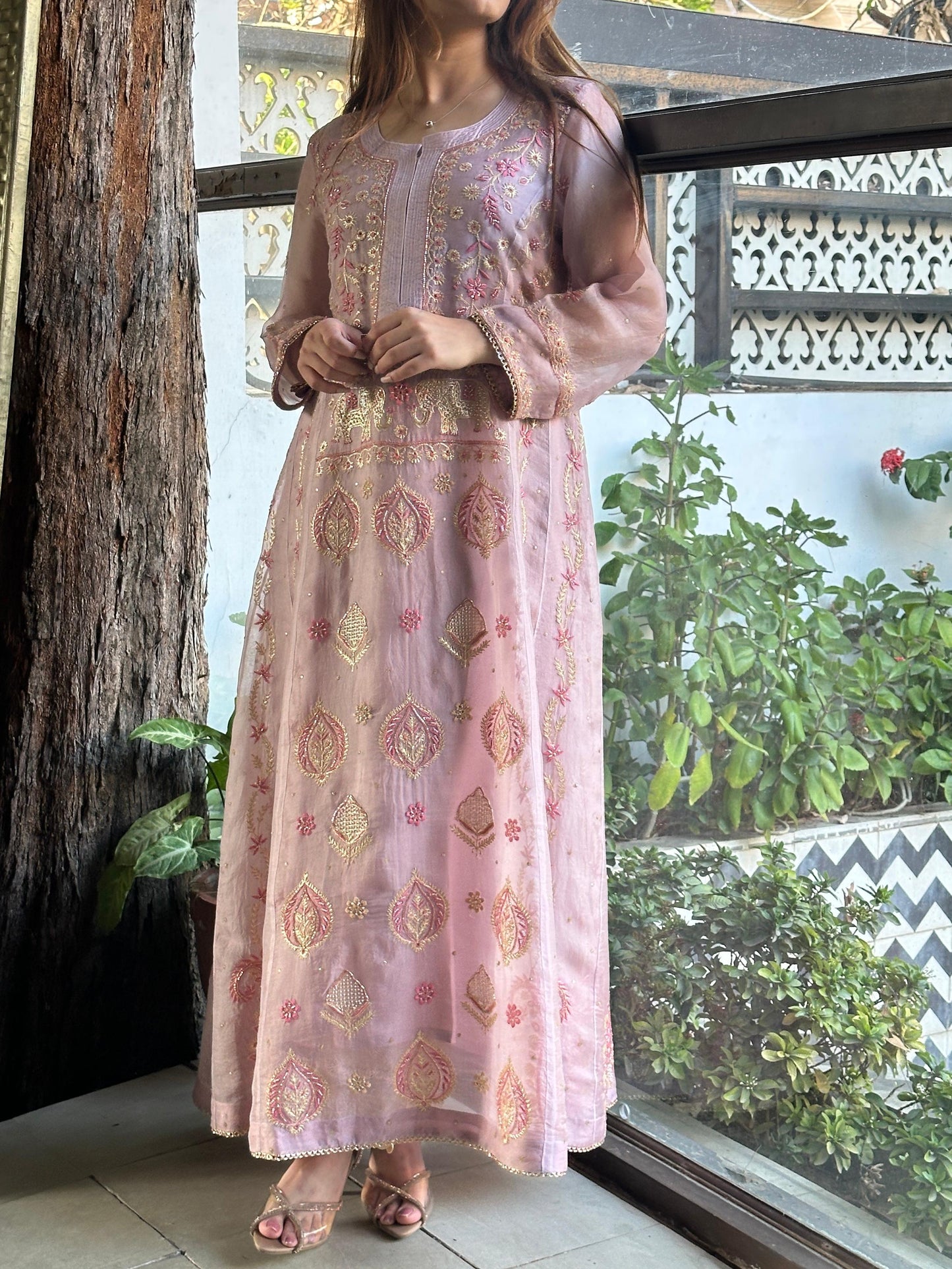 Mauve Pink Shade Noor Organza Chikankari A Line Kurta With Dupatta