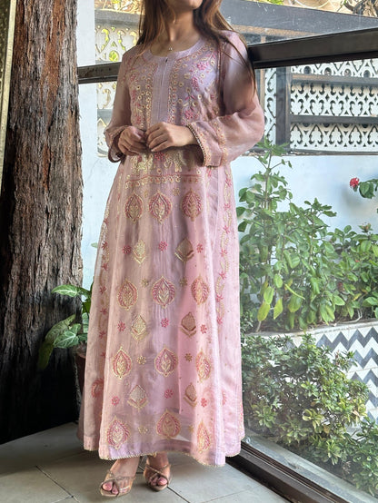 Mauve Pink Shade Noor Organza Chikankari A Line Kurta With Dupatta