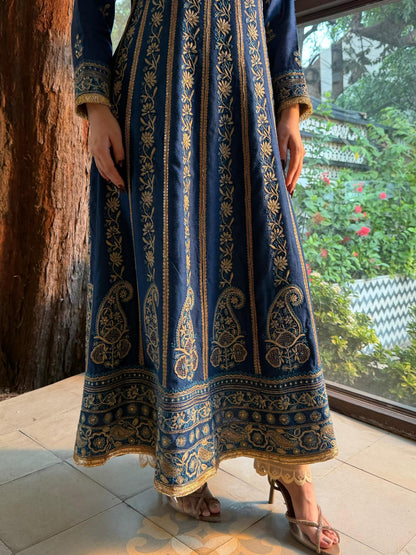 Roheen Blue Moonga Silk Chikankari Anarkali With Dupatta