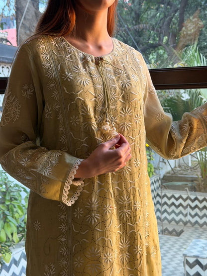 Olive Green Mul Chanderi Mukaish Kamdani Chikankari Stitched Kurta Dupatta Set