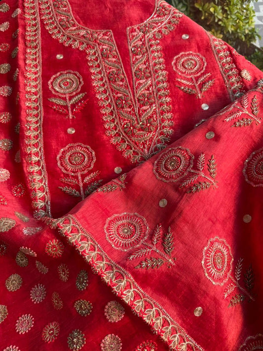 Brick Red Linen Silk Chikankari With Ari Work Unstitched Kurta Dupatta Set