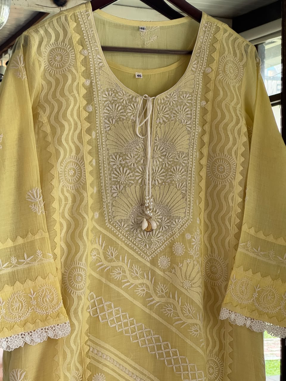 Yellow Shade Malmal Straight Cut Applique Chikankari Pearl & Sequins Kurta Set
