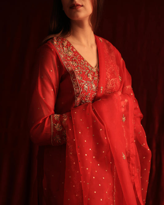 Red Maheshwari Silk Awadhi Zardosi Kurta Set