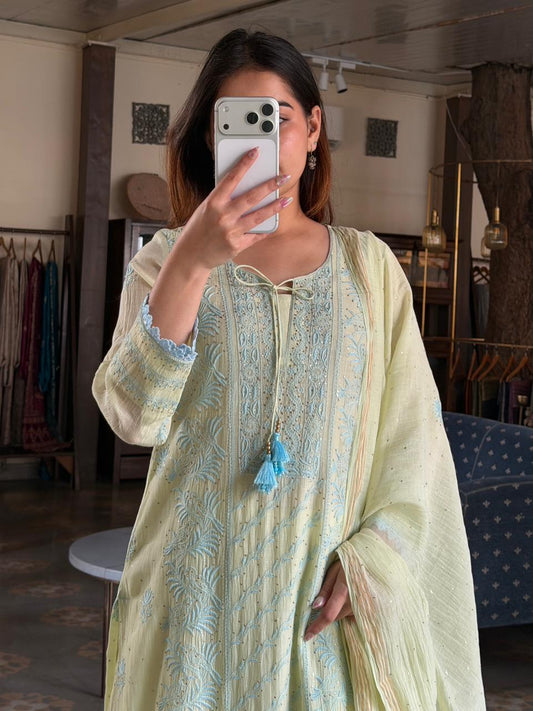 Olive Green Shade Malmal Mukaish Kamdani Chikankari Kurta Dupatta Set