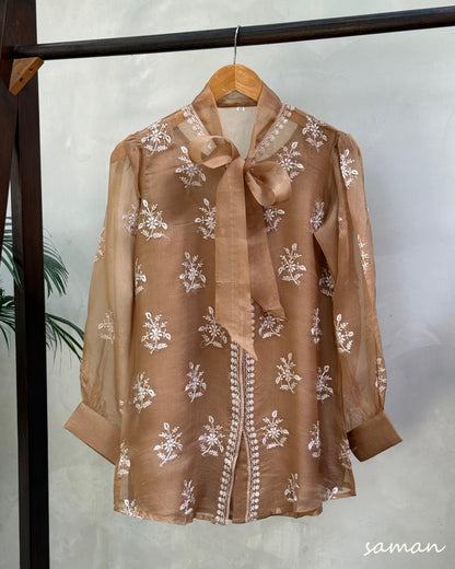 Beige Noor Organza Resham Chikankari Short Top With Bow Tie