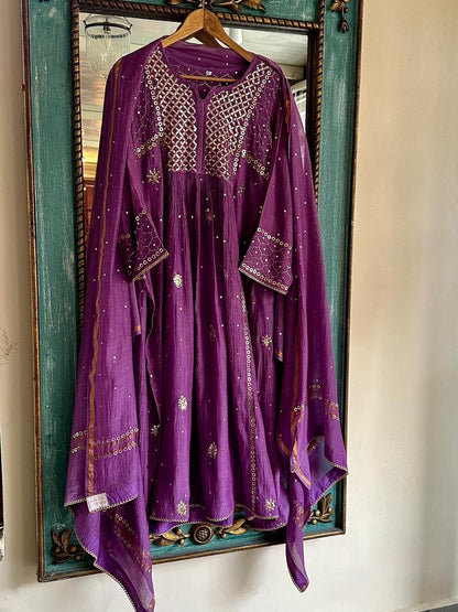 Deep Purple Shade Mukaish Mul Chanderi Silk Dress
