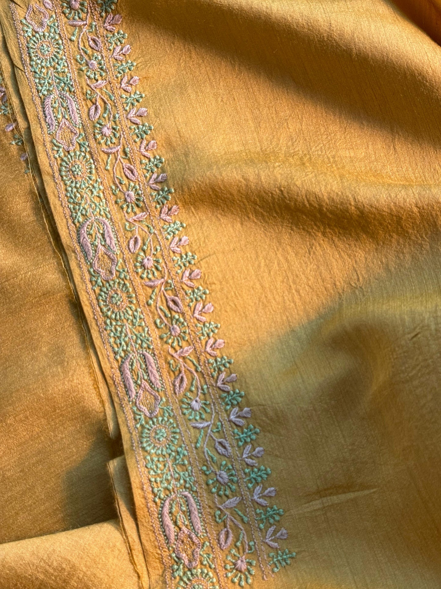 Mustard Yellow Moonga Silk Chikankari Men’s Kurta Fabrics