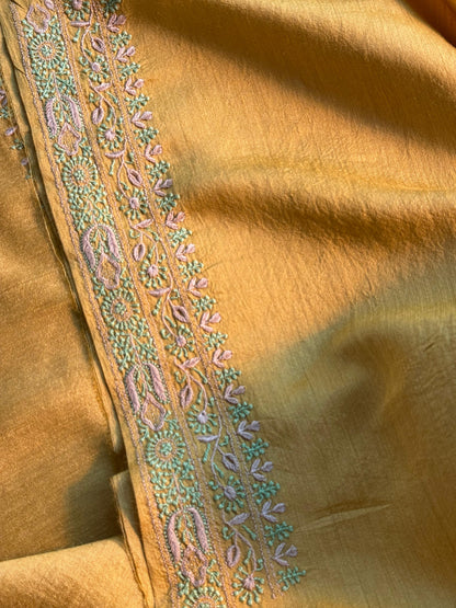 Mustard Yellow Moonga Silk Chikankari Men’s Kurta Fabrics