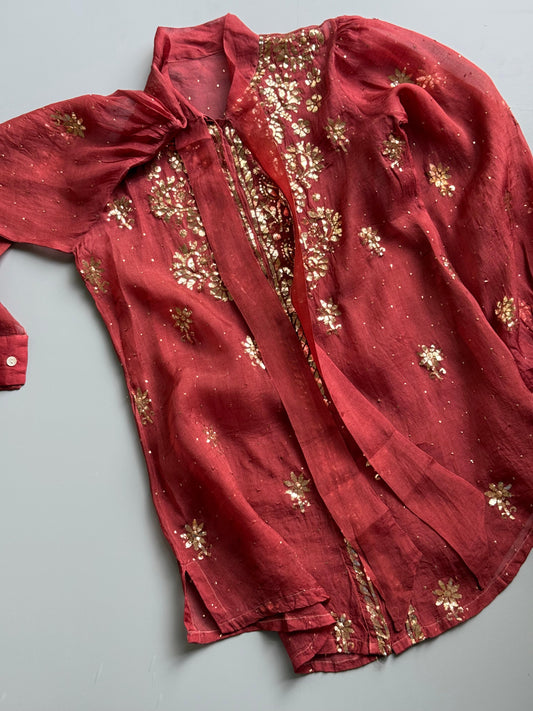 Brick Red Noor Organza Mukaish Badla Short Top With Bow Tie