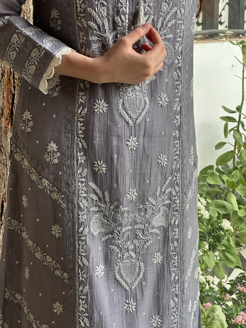 Grey Shade Malmal Mukaish Kamdani Chikankari Kurta Set