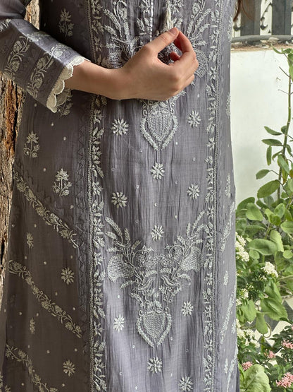 Grey Shade Malmal Mukaish Kamdani Chikankari Kurta Set