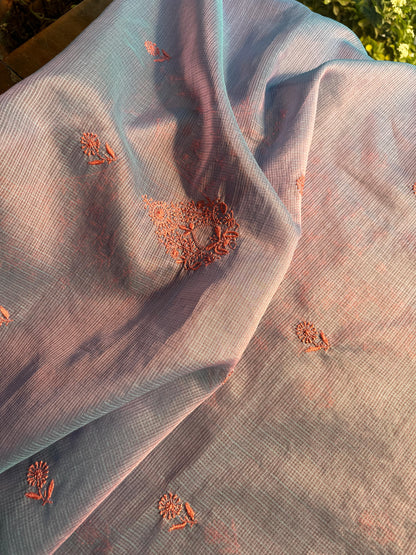 Blue & Pink Kota Chikankari Unstitched Fabric