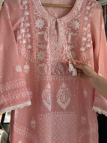 Pastel Peach Shade Malmal Pearl Work Chikankari Kurta With Dupatta