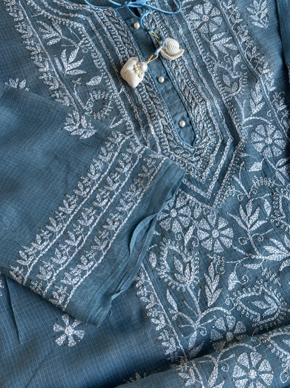 Blue Shade Semi Stitched Kota Tepchi Chikankari Kurta Dupatta Set