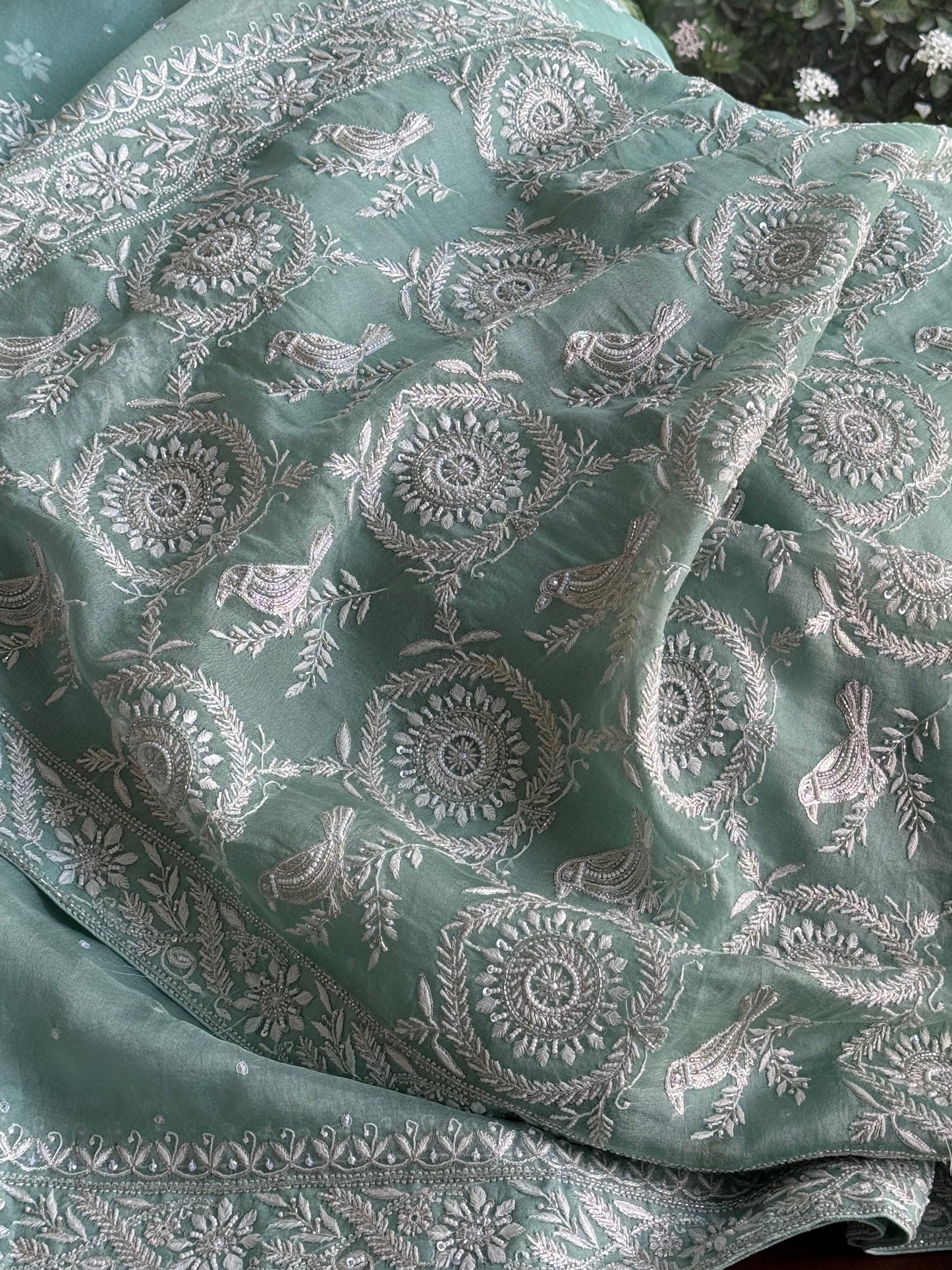 Mint Green Sparrow Motif Noor Organza Chikankari Saree With Blouse