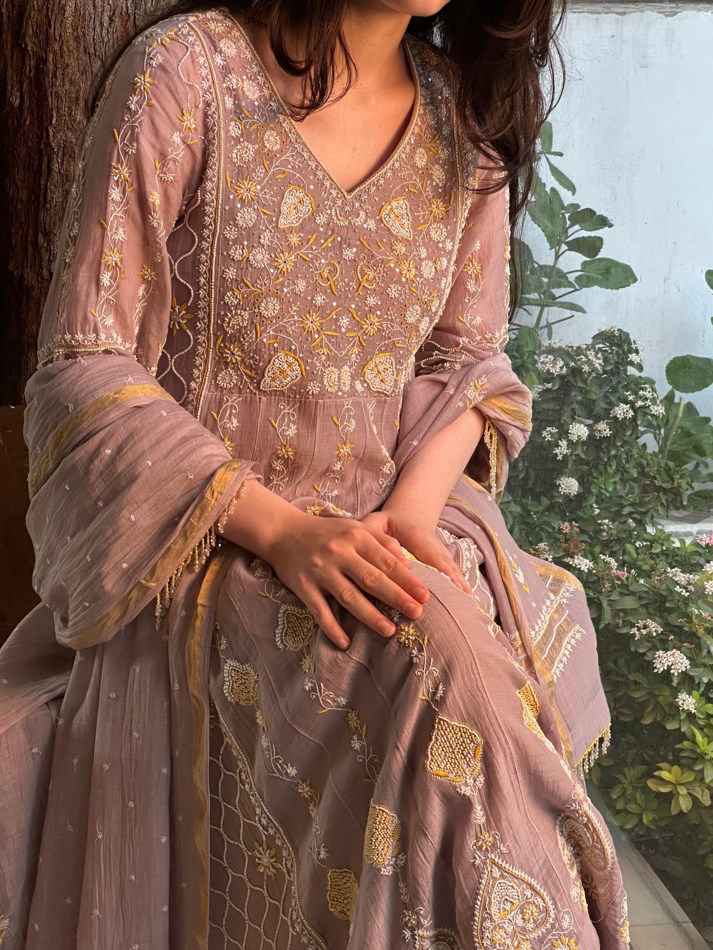 Mauve Shade Malmal Pearl Work Chikankari Kalidar Kurta Set