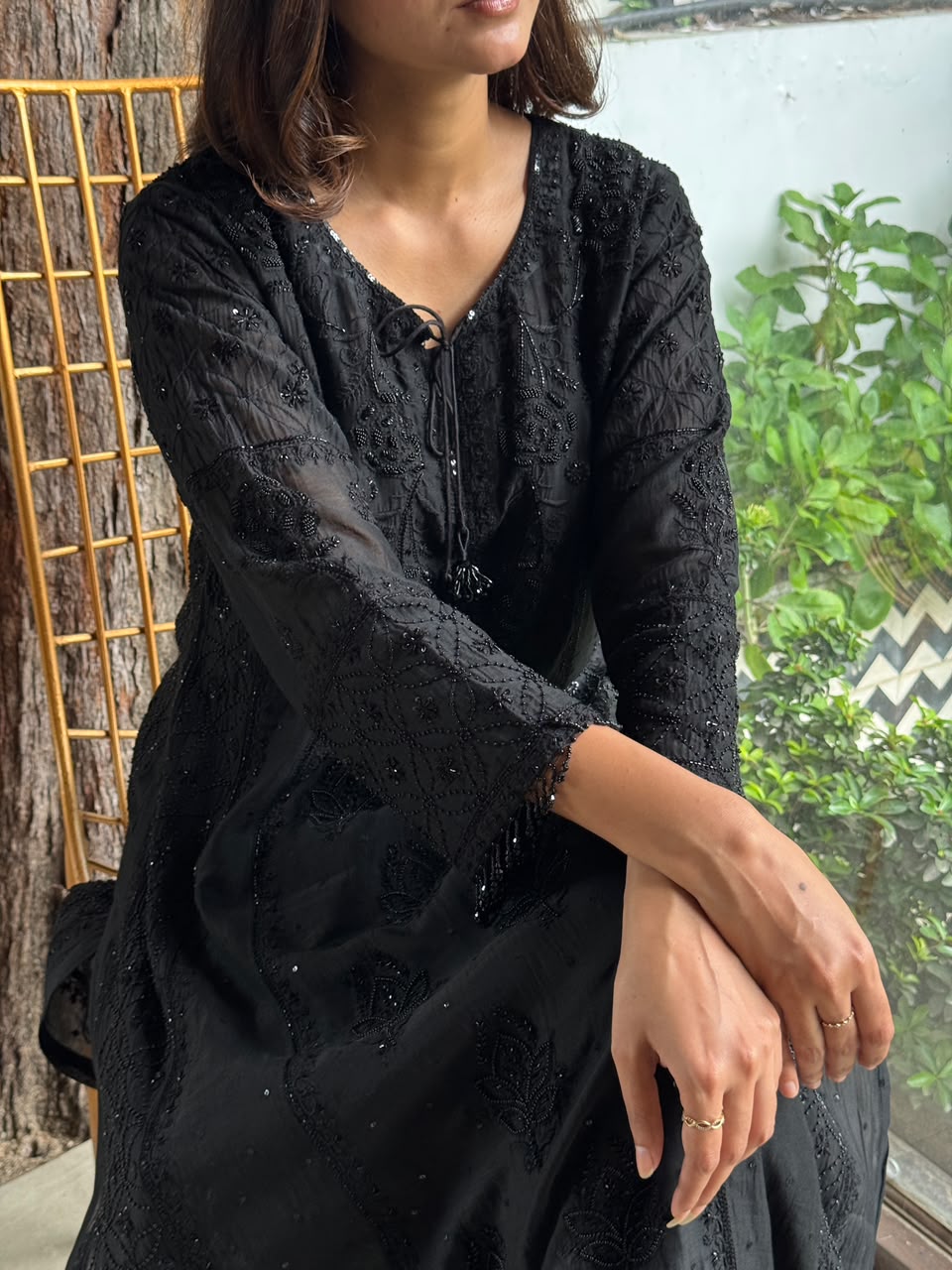 Black Malmal Pearl Work Chikankari A Line Kalidar Kurta With Dupatta