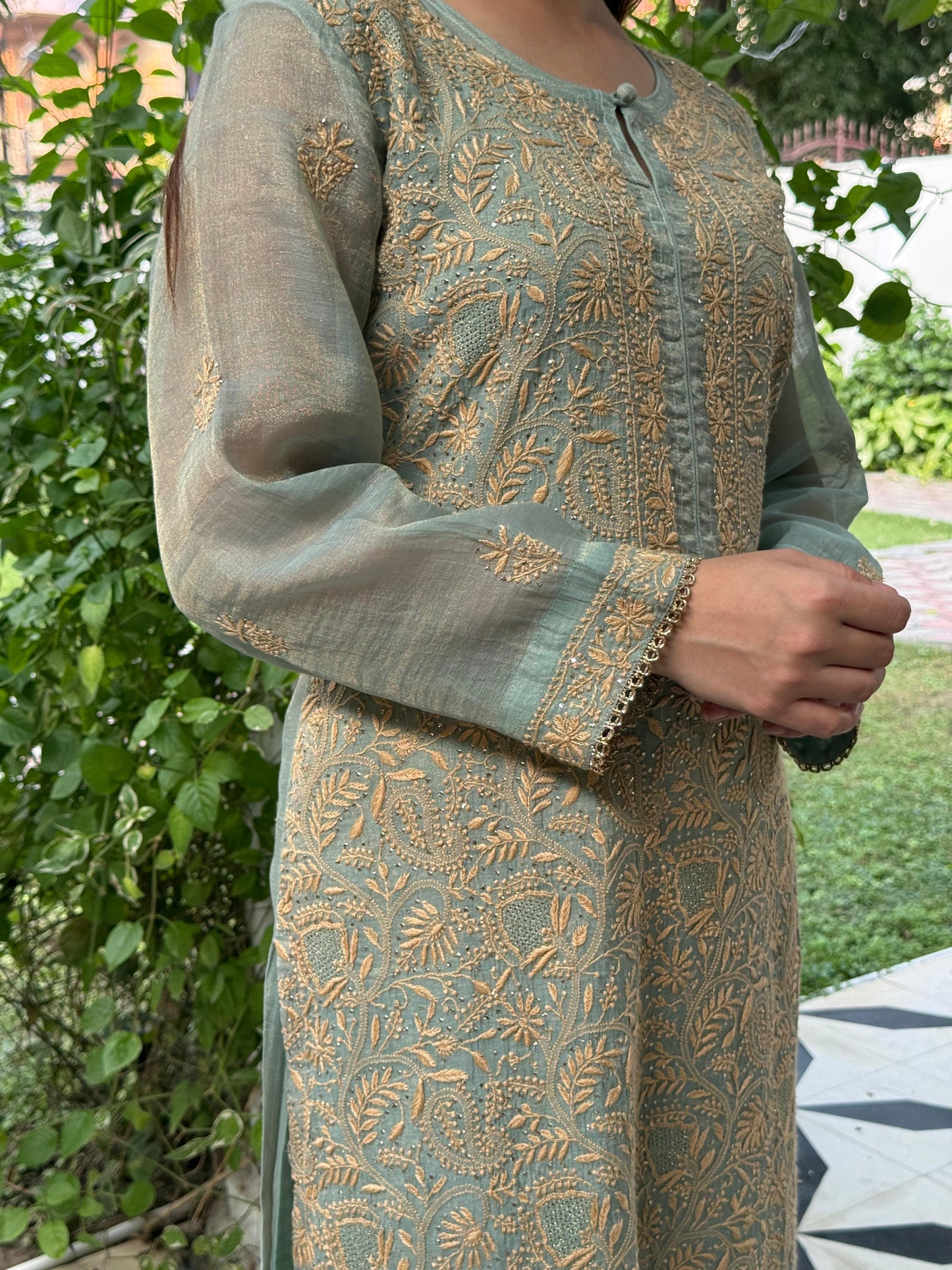 Cement Shade Tissue Silk Chikankari Straight Cut Kurta Dupatta Set