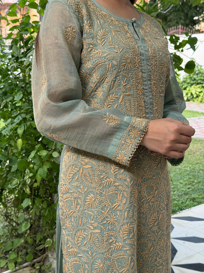 Cement Shade Tissue Silk Chikankari Straight Cut Kurta Dupatta Set