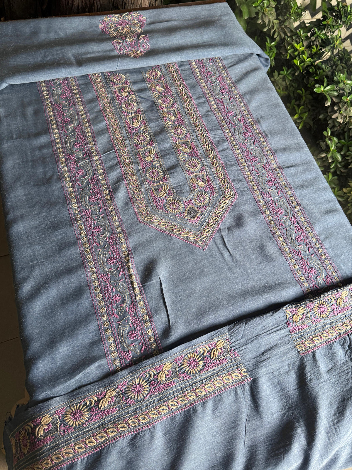 Blue Shade Moonga Silk Chikankari Men’s Kurta Fabric